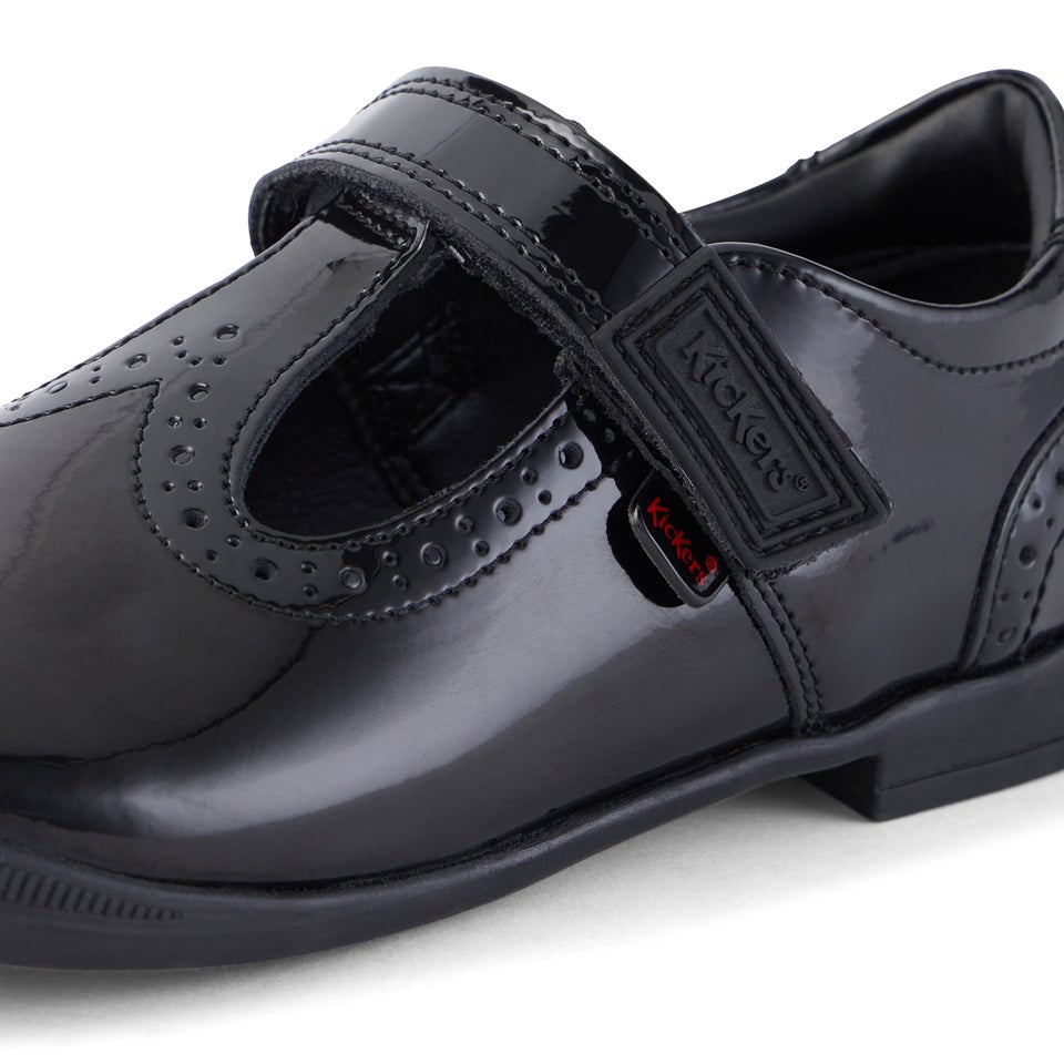 Junior Girls Bridie Brogue T-Vel Patent Leather Black