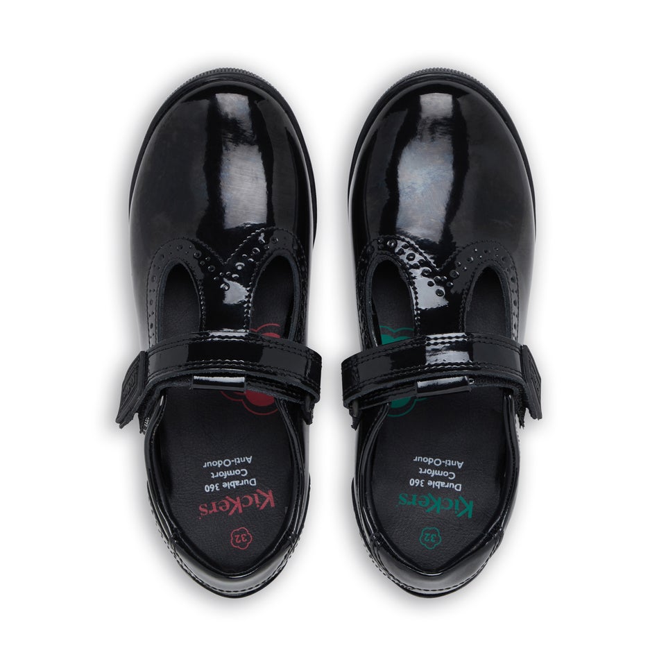 Junior Girls Bridie Brogue T-Vel Patent Leather Black