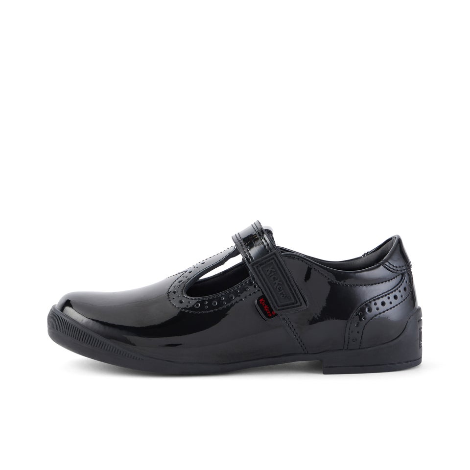 Junior Girls Bridie Brogue T-Vel Patent Leather Black