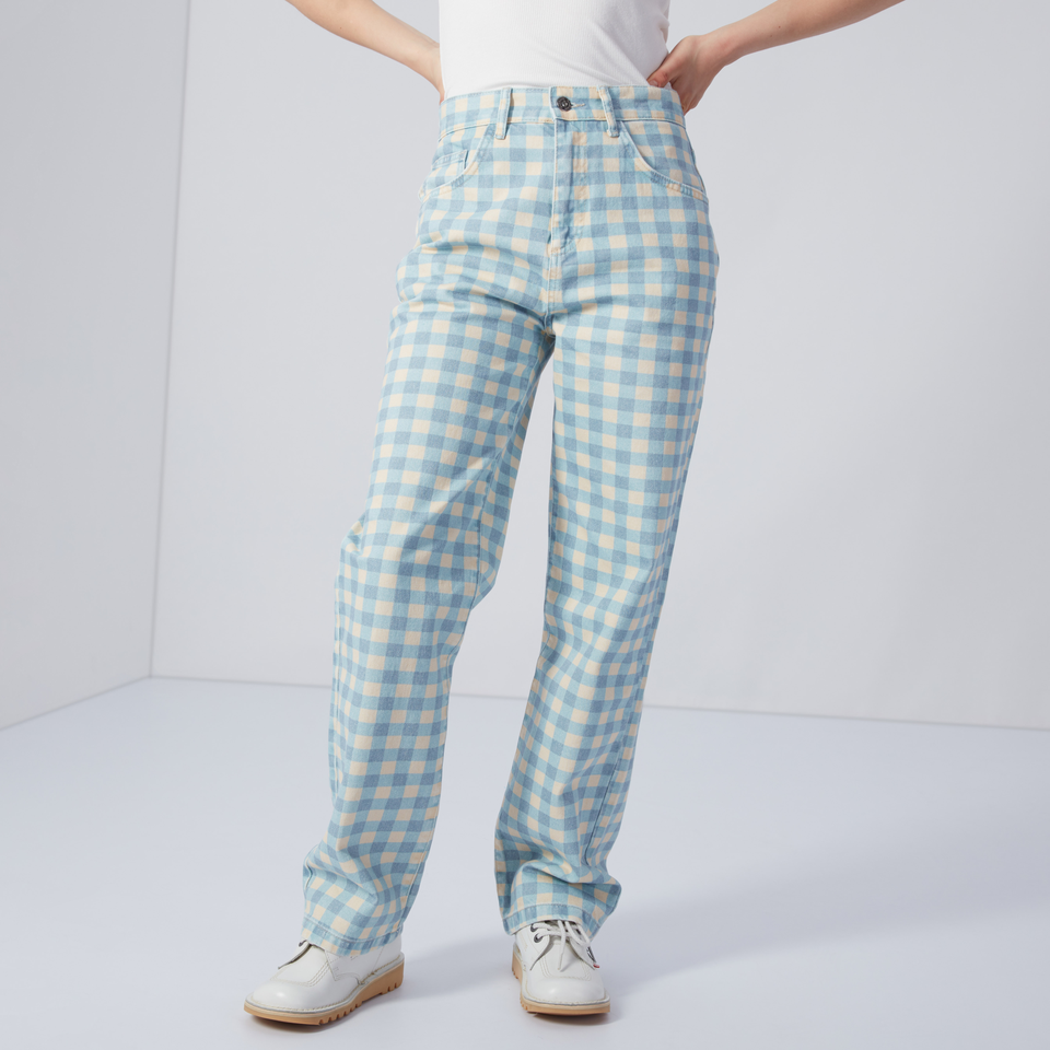 Women's Gingham Straight Leg Jeans Cream