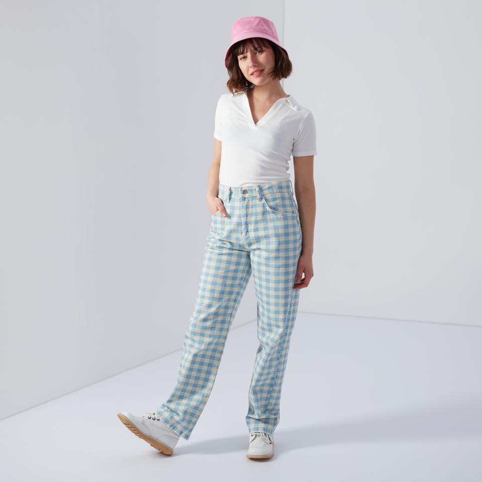 Women's Gingham Straight Leg Jeans Cream