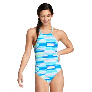High Neck Tie Back One Piece Blue