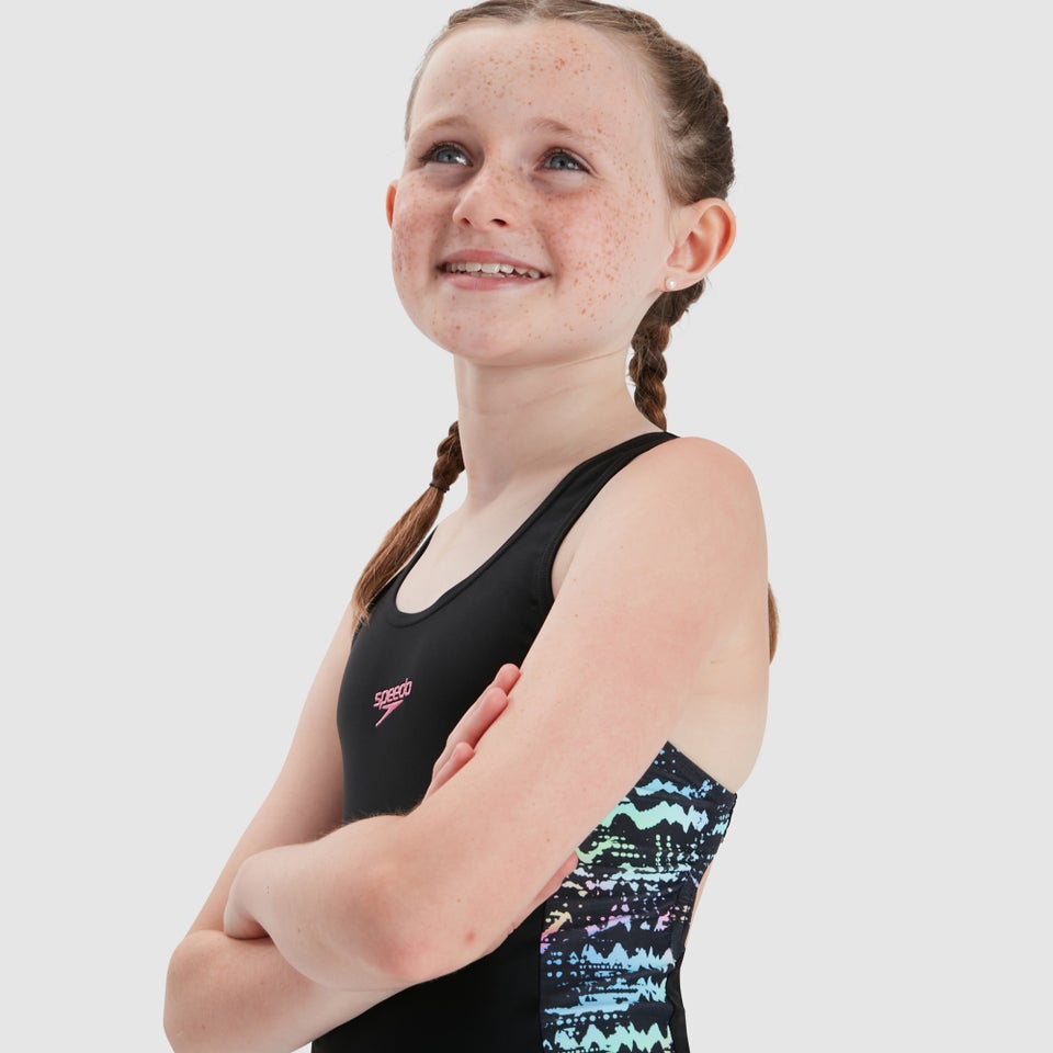 Mädchen Printed Panel Leaderback Legsuit Schwarz/Blau