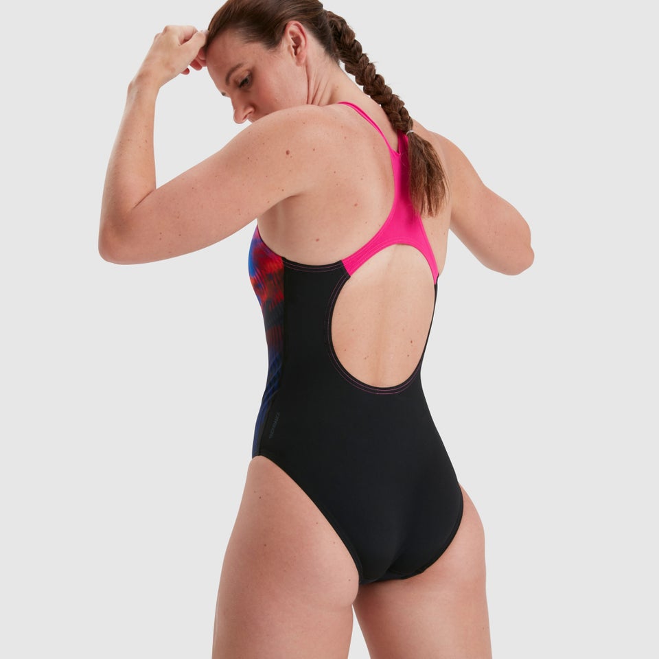 Damen Printed Medalist Badeanzug Schwarz/Pink