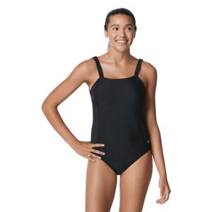 Women's Rib Splice Square Neck One Piece Black