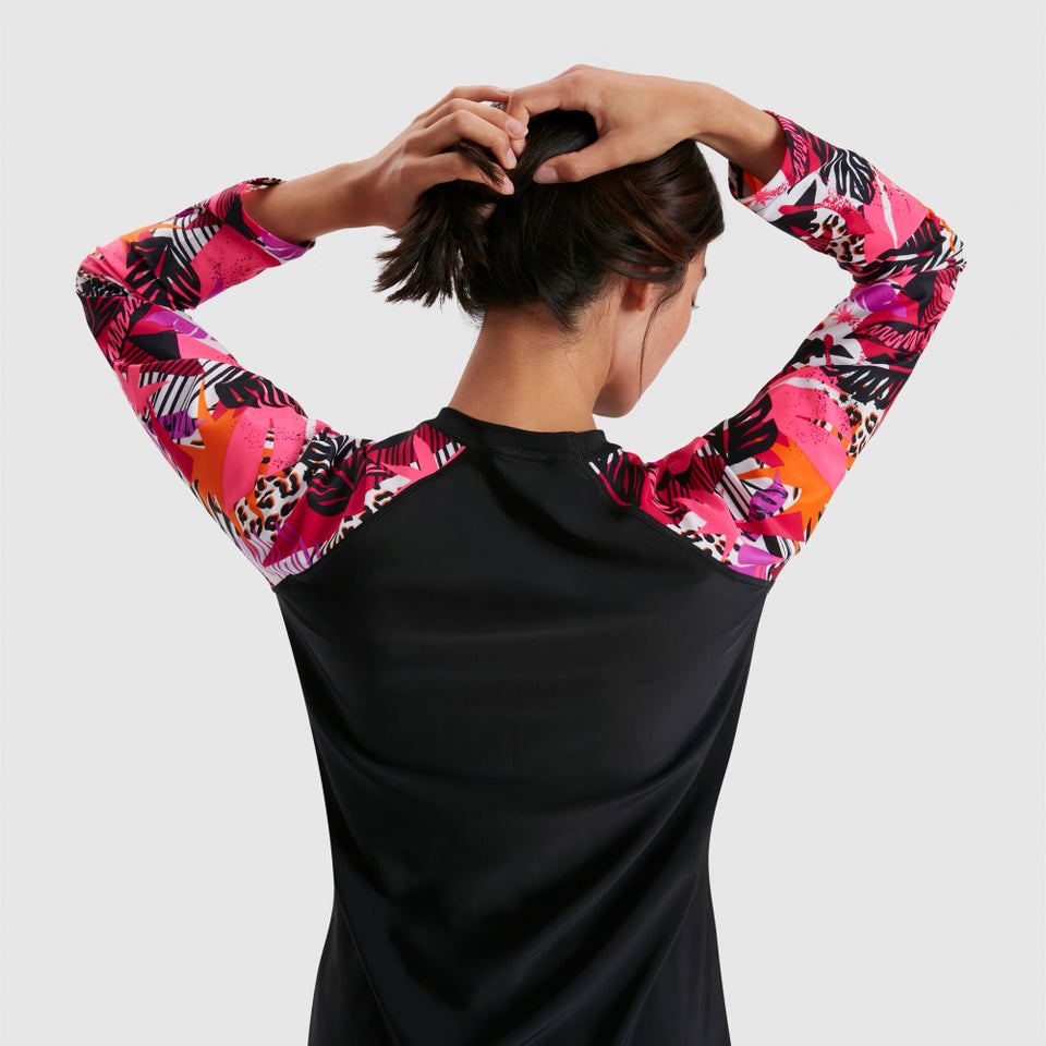 Bedrucktes langärmliges Sonnenschutz-Top Schwarz/Pink für Damen