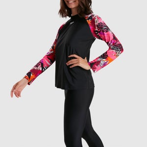 Bedrucktes langärmliges Sonnenschutz-Top Schwarz/Pink für Damen