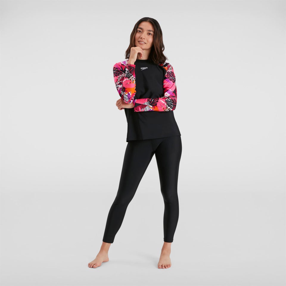 Bedrucktes langärmliges Sonnenschutz-Top Schwarz/Pink für Damen