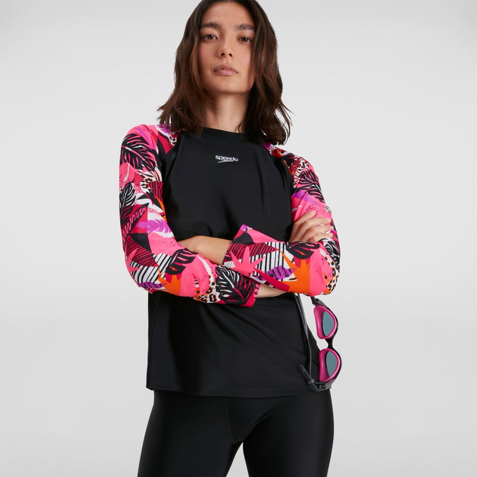 Bedrucktes langärmliges Sonnenschutz-Top Schwarz/Pink für Damen