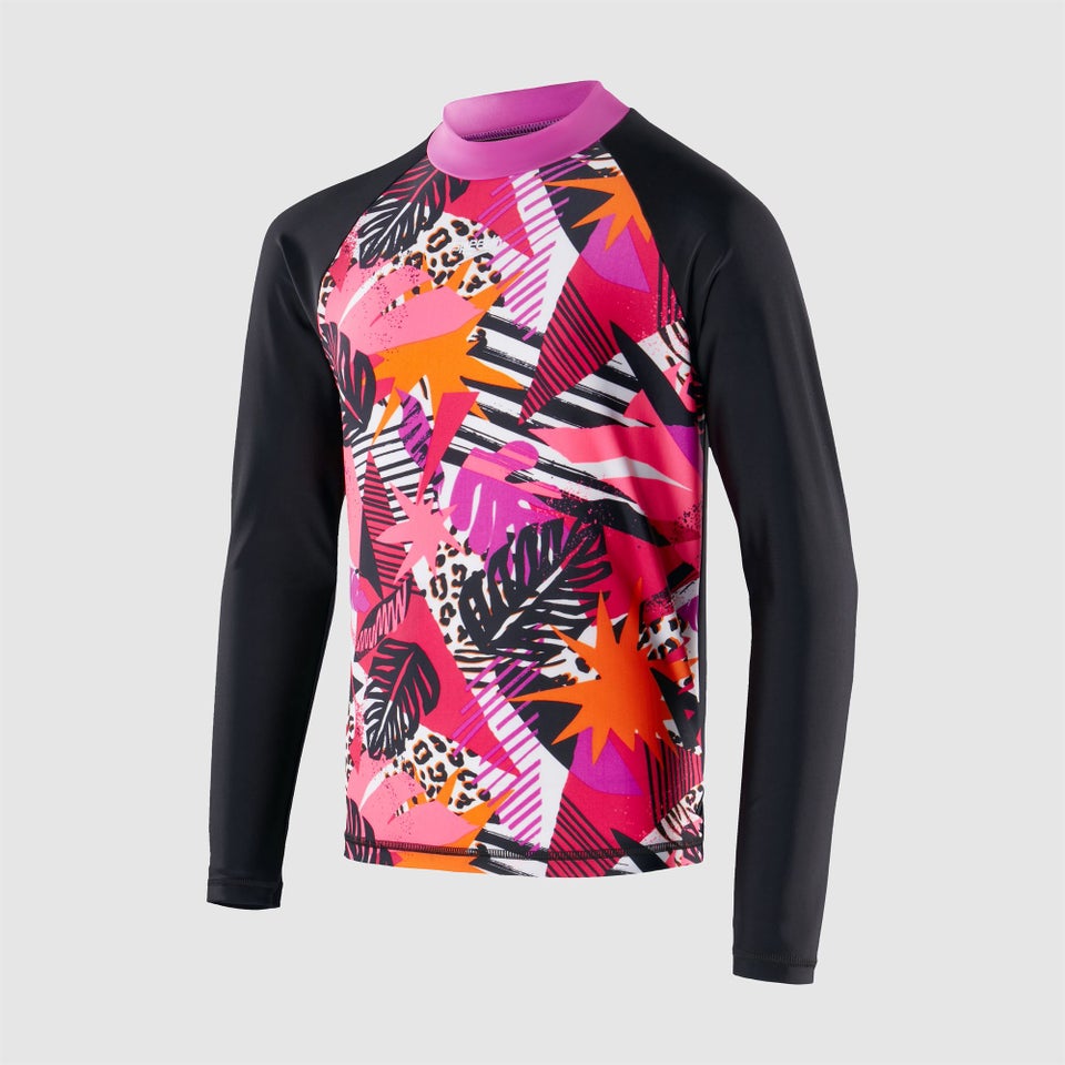 Bedrucktes langärmliges Rash Top Schwarz/Pink für Mädchen