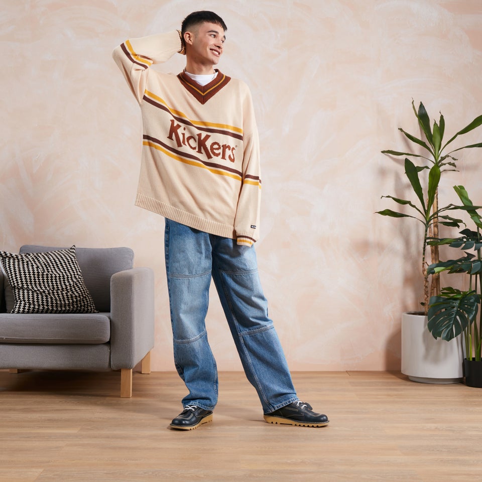 Men's Stripe V Neck Knit Ecru