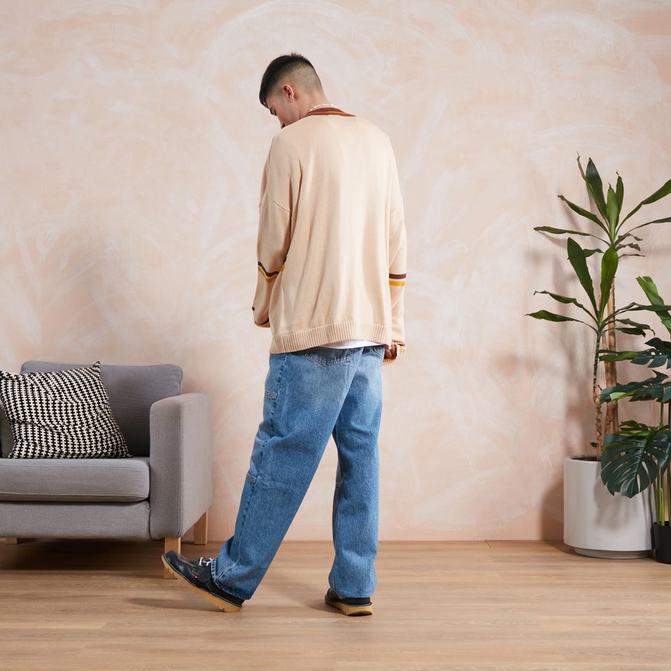 Men's Stripe V Neck Knit Ecru