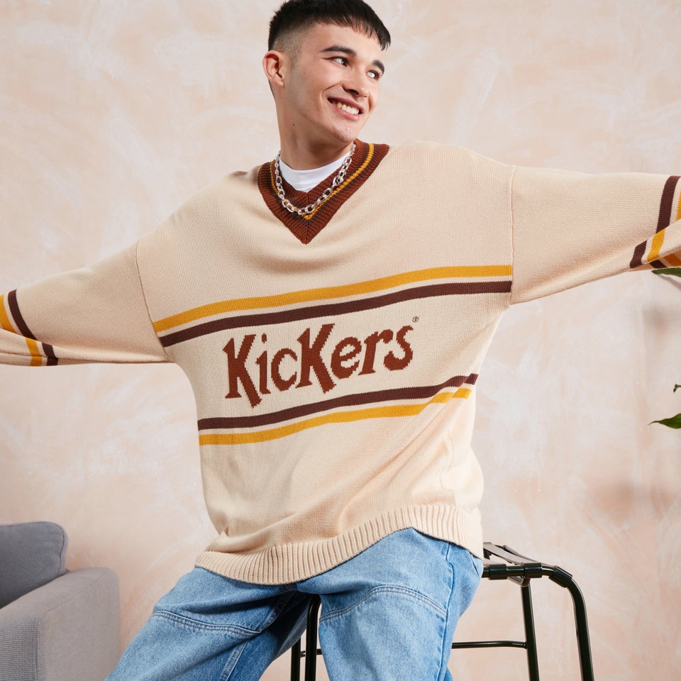 Men's Stripe V Neck Knit Ecru