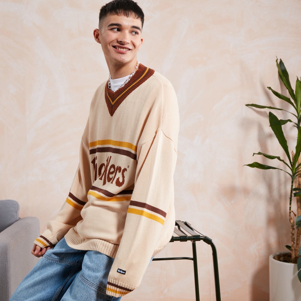 Men's Stripe V Neck Knit Ecru