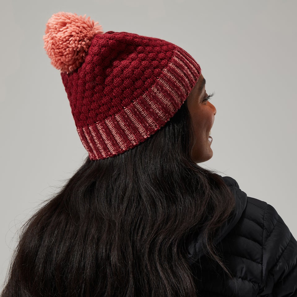 Bobble Beanie für Damen - Dunkelrot/Pink