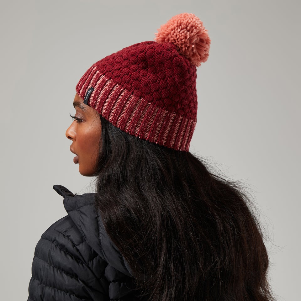 Bobble Beanie für Damen - Dunkelrot/Pink