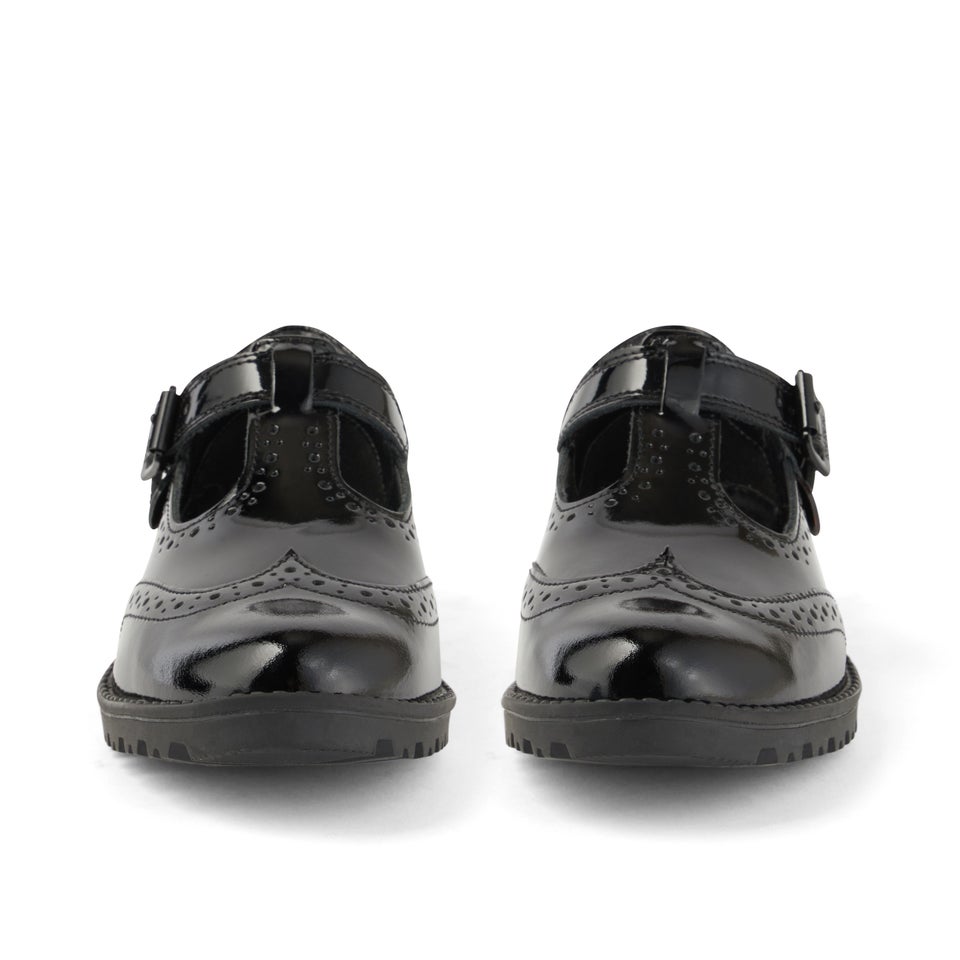 Youth Womens Lachly Brogue T Bar Patent Leather Black