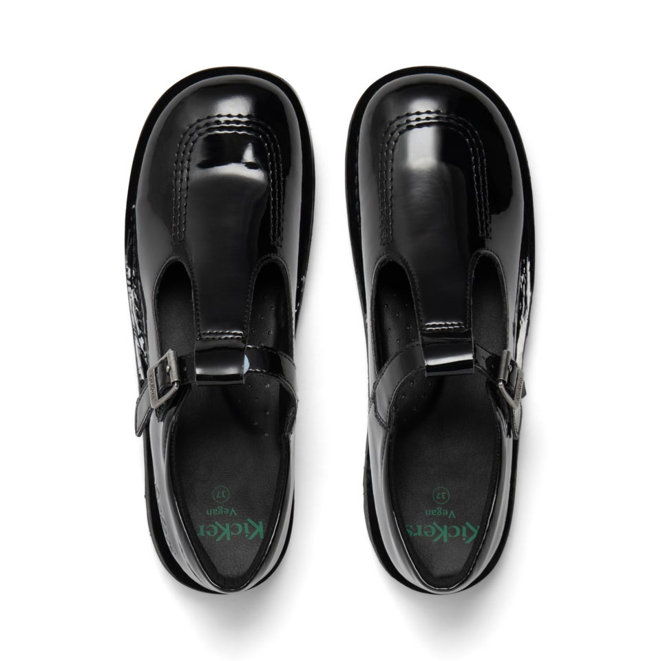 Youth Womens Kick T Bar Leather Alternative Patent Leather Black