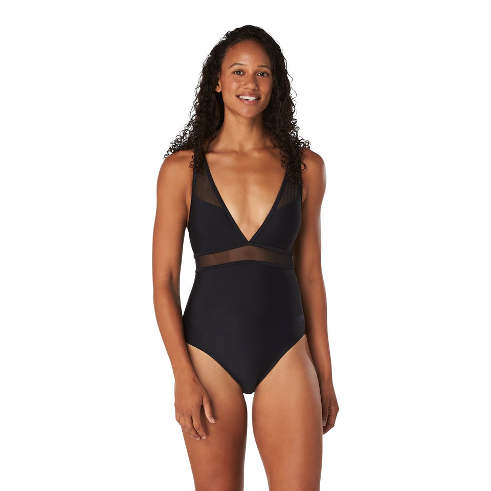 Women's Solid Mesh One Piece Black