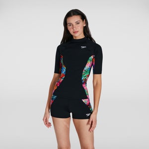 Women's Printed Short Sleeved Rash Top Black/Pink - XXS