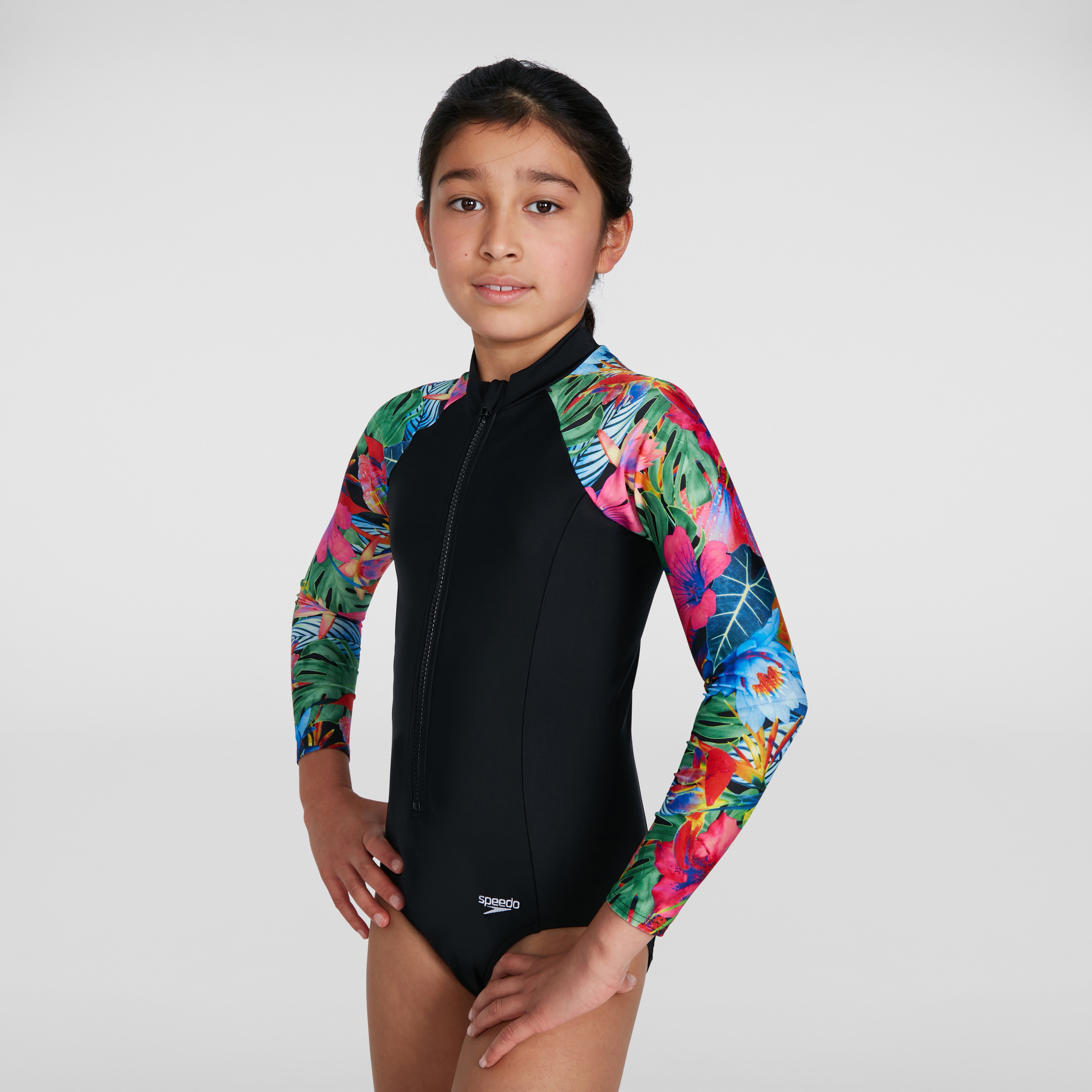 Girls' Printed Long Sleeved Paddle Suit Black/Blue | Speedo UK