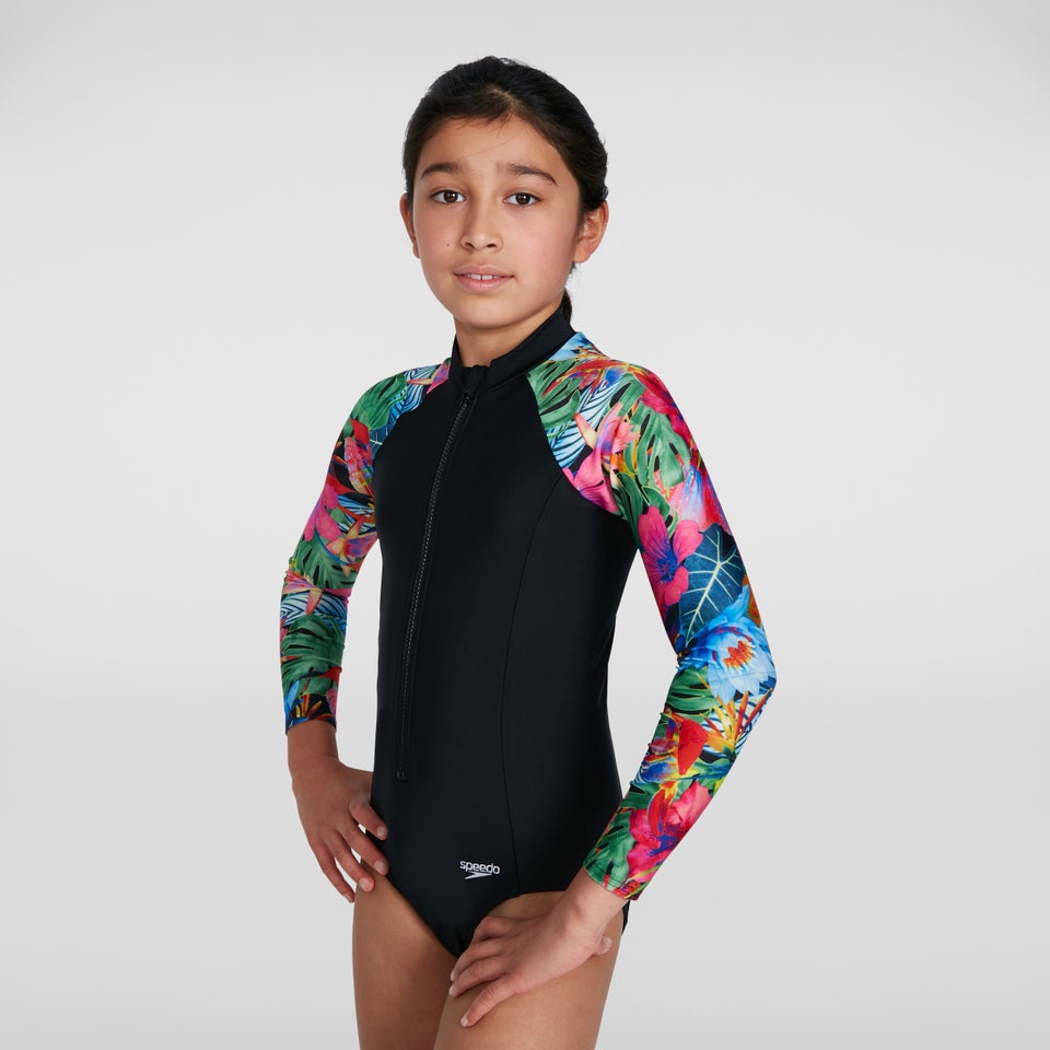Girls' Printed Long Sleeved Paddle Suit Black/Blue