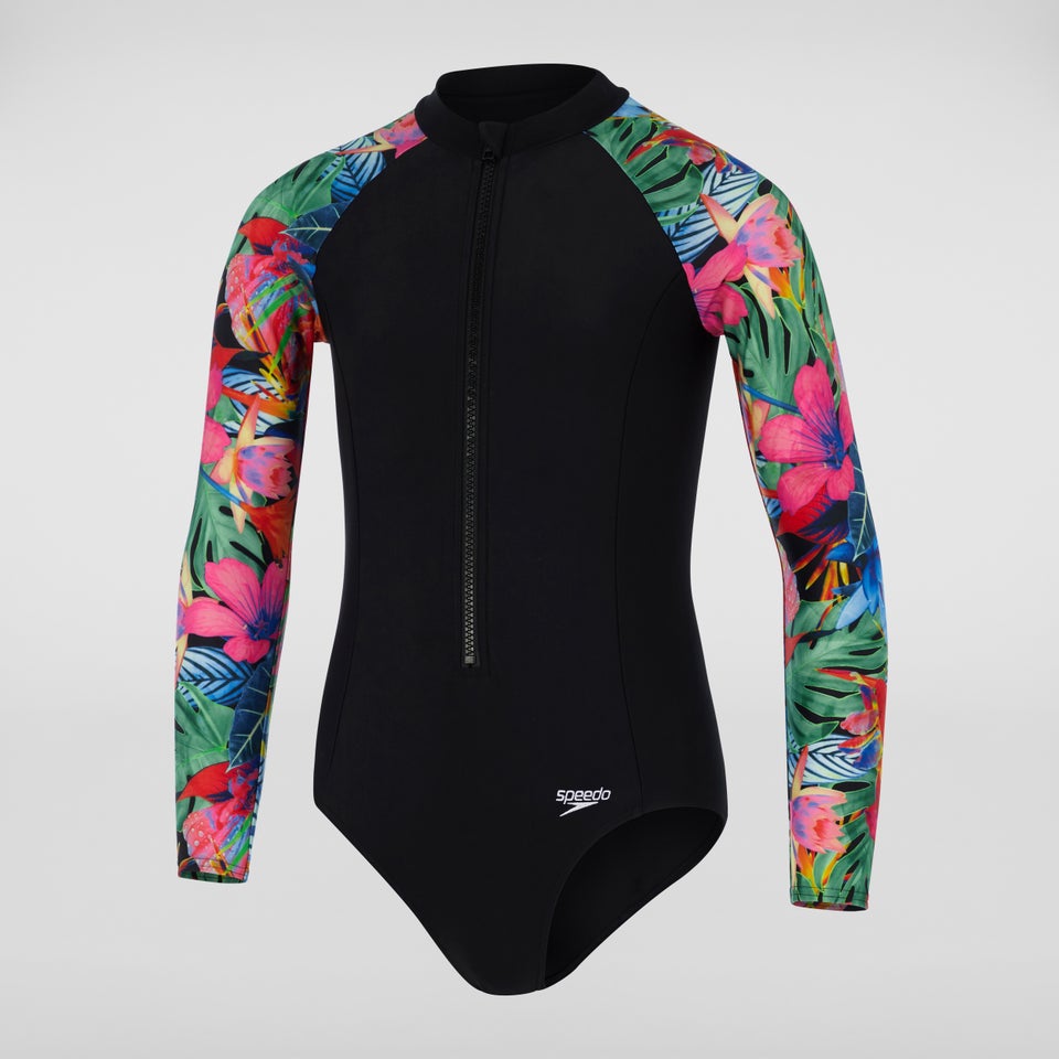 Girls' Printed Long Sleeved Paddle Suit Black/Blue
