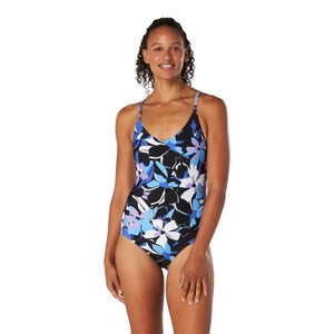 Women's Print V Neck Thin Strap One Piece Blue