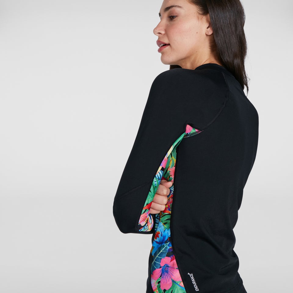 Bedrucktes langärmliges Rash Top Schwarz/Pink für Damen