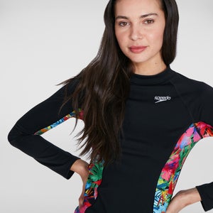 Bedrucktes langärmliges Rash Top Schwarz/Pink für Damen