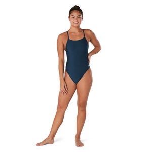 Women's Solid Double Lace Back One Piece Navy