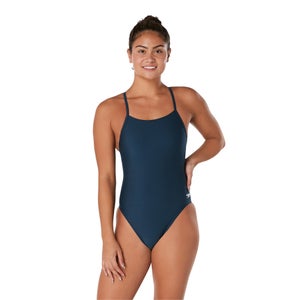 Women's Solid Double Lace Back One Piece Navy