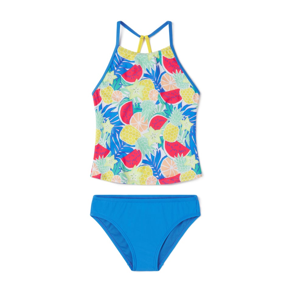 Ensemble tankini à col montant à motif imprimé pour fille, bleu