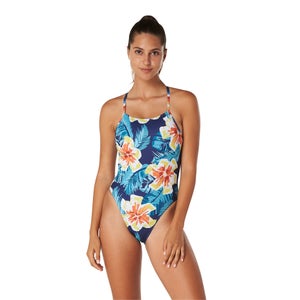 Women's Printed Double Lace Back One Piece Blue - 24