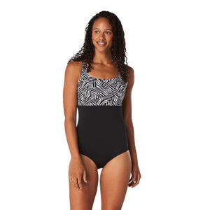 Women's Printed Colourblock Square Neck Adjustable Strap One Piece Swimsuit - Black | Size 12