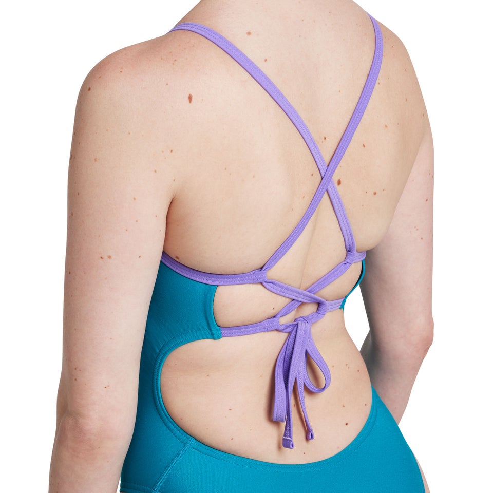 Women's Solid Double Lace Back One Piece Turquoise