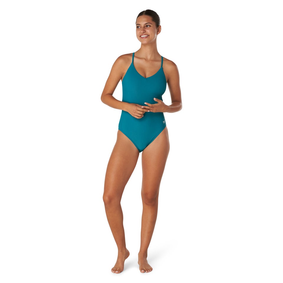 Women's Ribbed Adjustable Strap One Piece Solid Swimsuit Blue