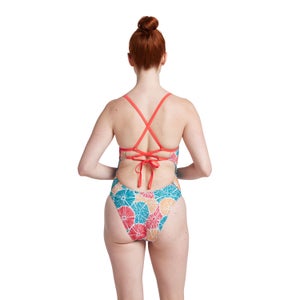 Monopièce à motif imprimé double dentelle au dos pour femmes, rose