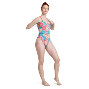 Monopièce à motif imprimé double dentelle au dos pour femmes, rose