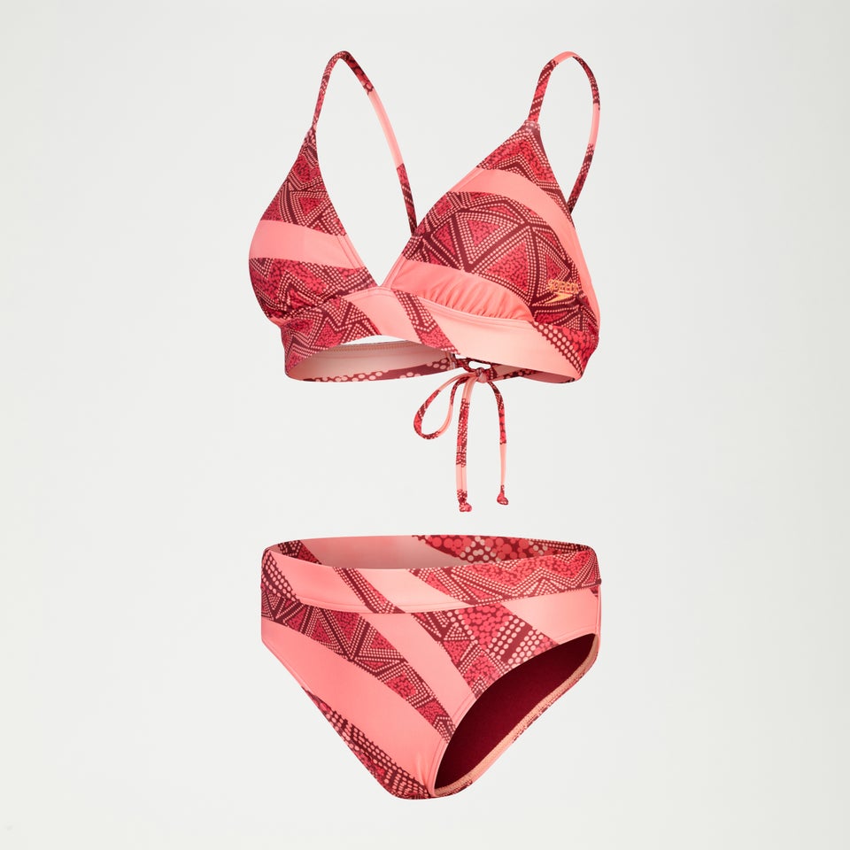 Bedruckter Triangel-Bikini mit Bändern für Damen Weinrot/Koralle