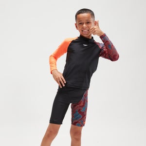 Boys' Printed Long Sleeve Rash Top Black/Orange - 9-10
