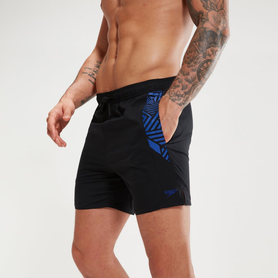 Bedruckte 40 cm Sport-Schwimmshorts für Herren Schwarz/Blau