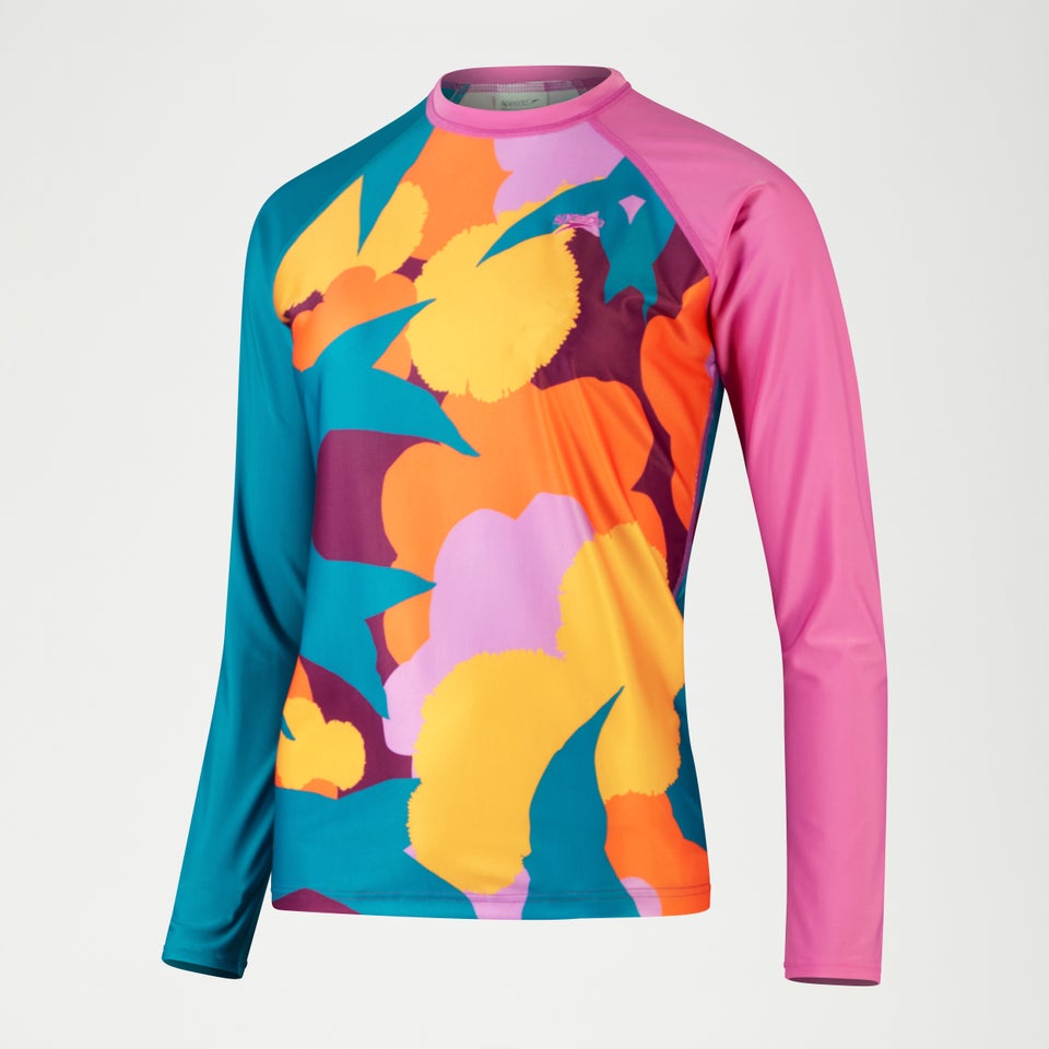 Bedrucktes langärmliges Schwimm-Shirt für Damen Türkis/Mango