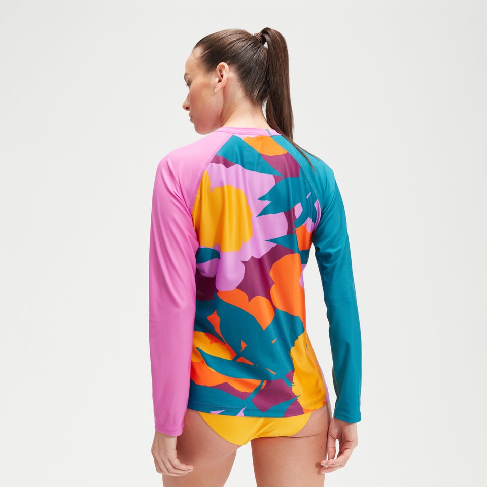 Bedrucktes langärmliges Schwimm-Shirt für Damen Türkis/Mango