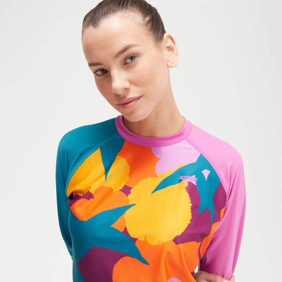 Bedrucktes langärmliges Schwimm-Shirt für Damen Türkis/Mango