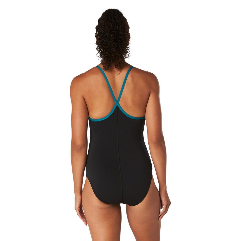 Women's Solid Closed Back One Piece with Hydro Bra Black/Blue