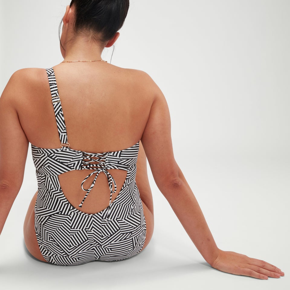 Formender bedruckter asymmetrischer Badeanzug für Damen Schwarz/Weiß