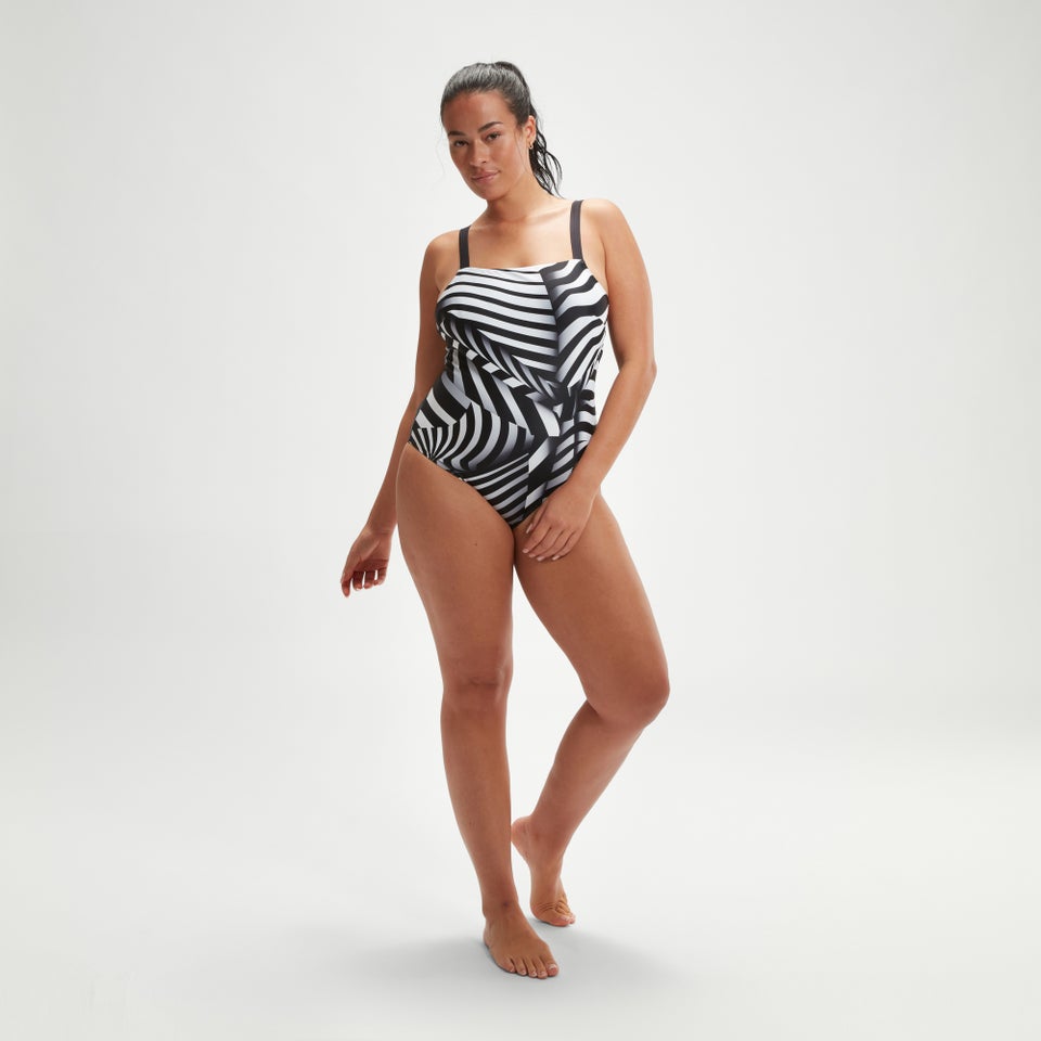 Formender bedruckter asymmetrischer Badeanzug mit quadratischem Halsausschnitt für Damen Schwarz/Weiß