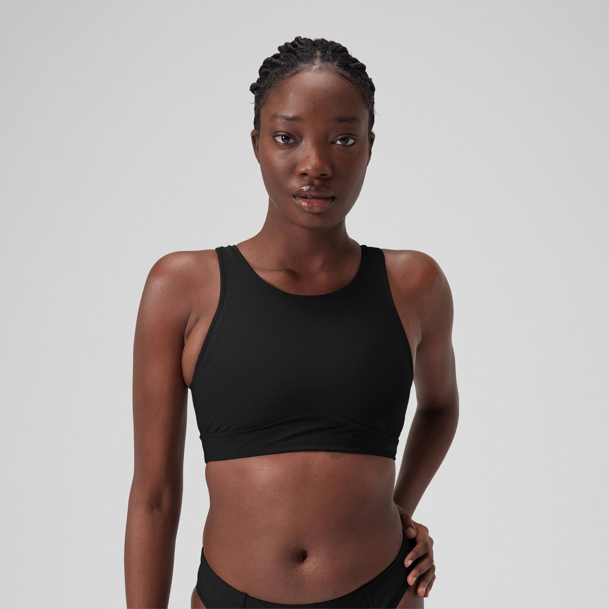 Women's Solid Highneck Crop Top Dark Grey | Speedo UK