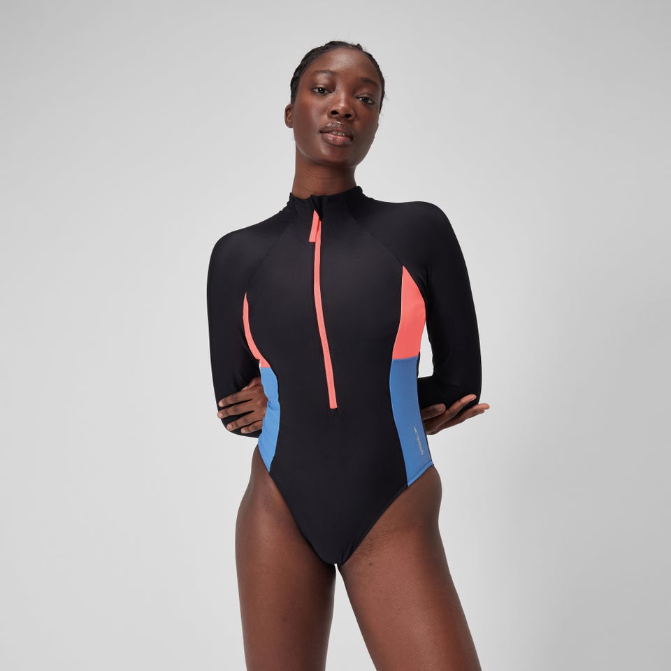 Women's Long Sleeve Colorblock Zip One Piece Black
